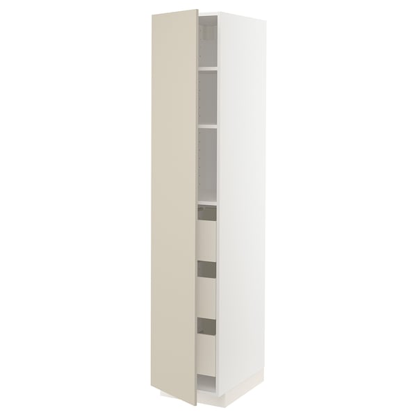 A tall, beige-colored ikea METOD cabinet with three shelves and adjustable hinges.