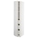 A white tall cabinet with a high gloss finish. It multiple shelves, both open and behind green-tinted glass doors.
