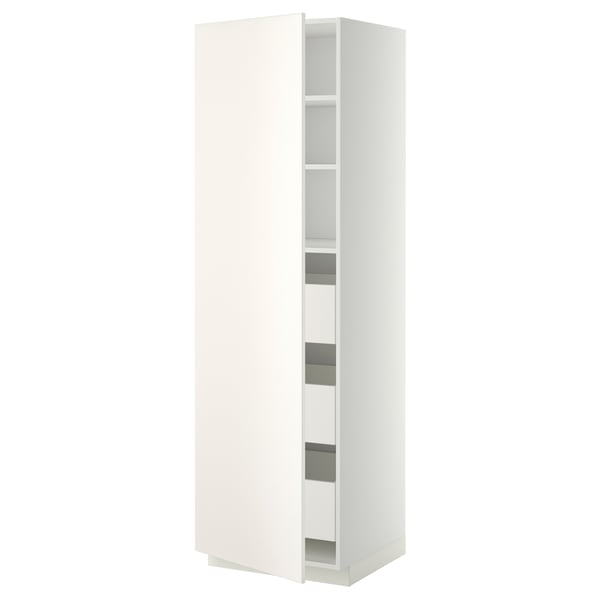 Displays a white METOD kitchen cabinet with smooth, modern design and adjustable shelves.
