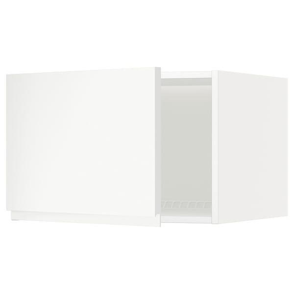 A white METOD kitchen cabinet with a minimalist design and integrated handles, featuring a modern and sleek aesthetic.