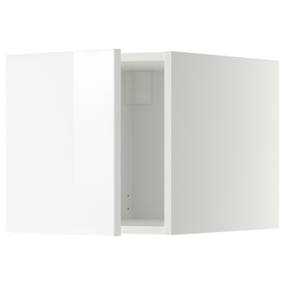 White glossy METOD cabinet with invisible hinges, square shape.