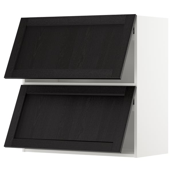 Modern black kitchen cabinet with two doors, sleek design, dark stained wood, sturdy frame, vertical placement.