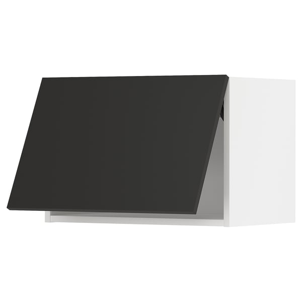 Modern black kitchen cabinet, sleek rectangular shape, matt finish, with inner shelving.