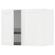 White kitchen cabinet set with silver handle and wire rack.