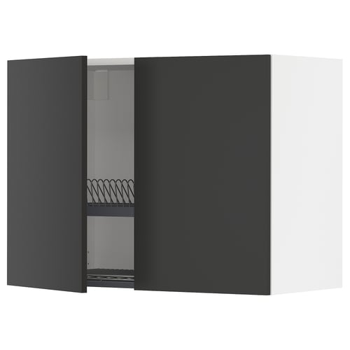 METOD kitchen unit in black with open door, steel dish drainer, adjustable shelf.