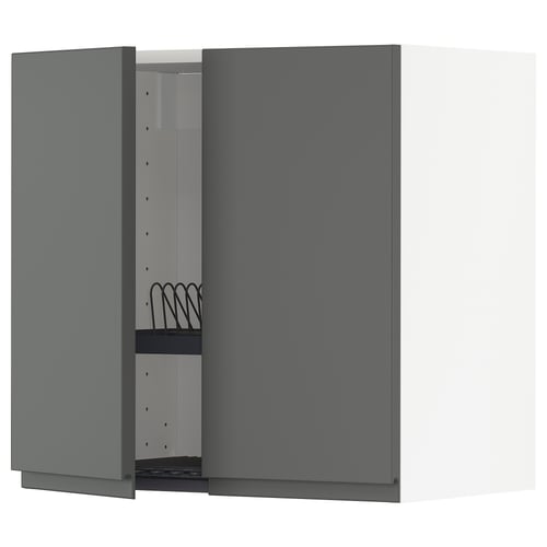 Dark grey ikea METOD kitchen wall unit with one open door.