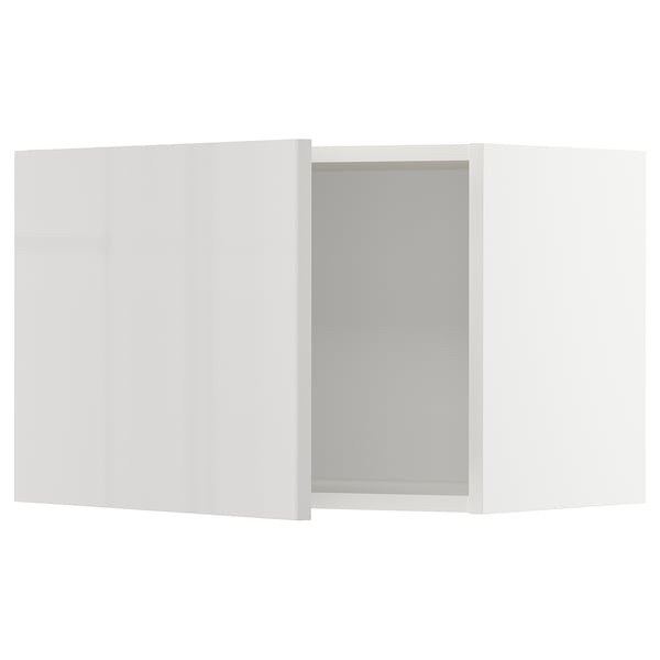 A white high gloss kitchen cabinet with a grey interior.