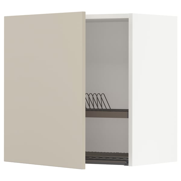 Beige METOD kitchen cabinet with adjustable shelf and dish drainer.