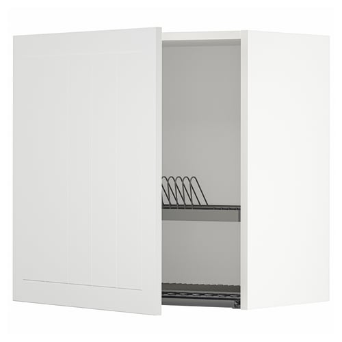 Open white METOD kitchen cabinet with adjustable shelf & dish drainer.