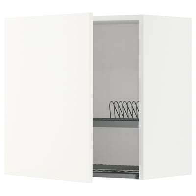 Open off-white METOD kitchen cabinet with wire shelf and dish rack. Modern, minimalist design.