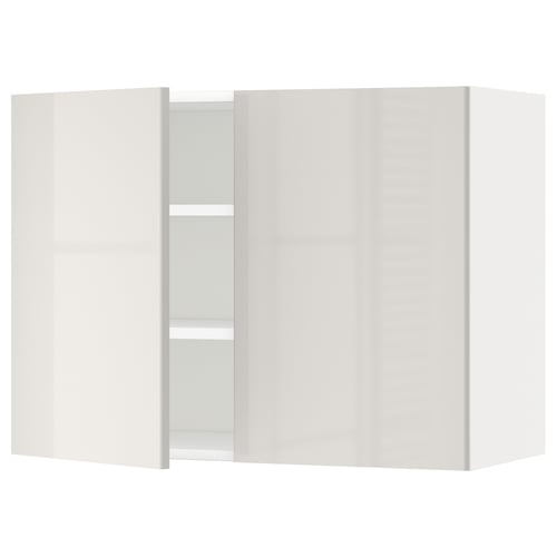 A modern white METOD kitchen cabinet with high-gloss grey doors and adjustable shelves.
