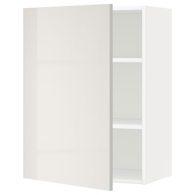 White high gloss kitchen cabinet, sleek modern design with single door and adjustable shelf.