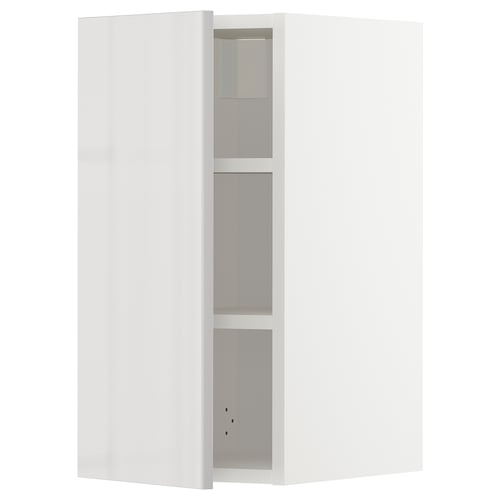 White corner cabinet, glossy finish. Tall with three shelves, modern design.