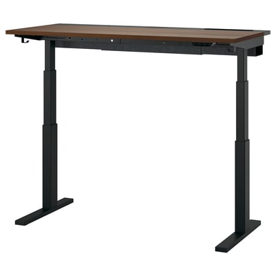 MITTZON sit-stand desk: modern, adjustable height with dual motors, black legs, walnut top, ergonomic design.