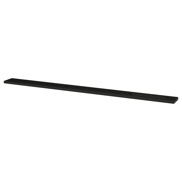 Black MITTZON shelf. Flat, rectangular, minimalist design. Made from fibreboard with powder coating.