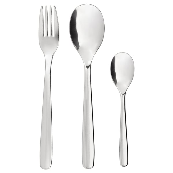 MOPSIG stainless steel cutlery - fork, spoon, teaspoon. Sleek, modern design, durable, easy to clean.