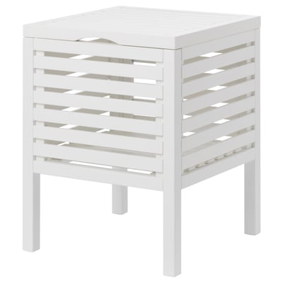 Square wooden stool with slatted sides, 4 legs, used for seating and storage.