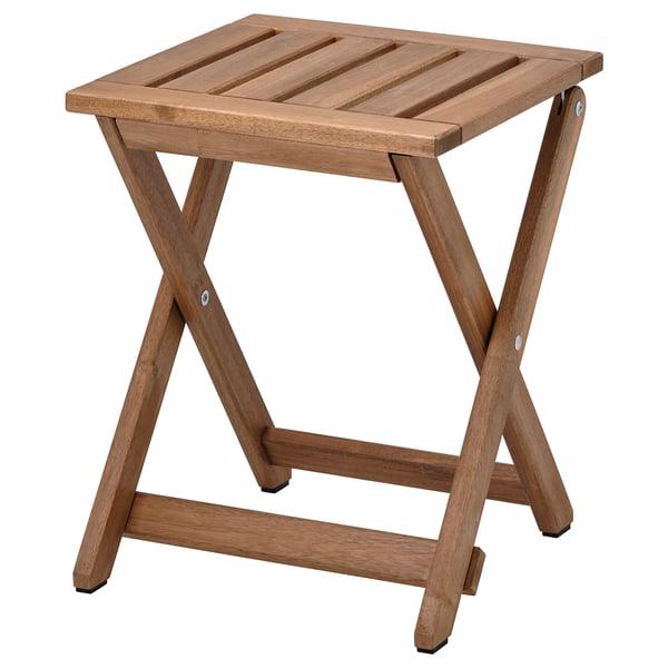 Wooden folding stool, NÄMMARÖ series, brown, acacia wood, square seat, x-legged design.