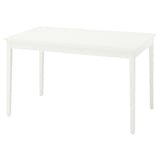 A white NÄSINGE dining table with square shape and chamfered edges, supported by four white wooden legs, ideal for modern kitchens or living rooms.
