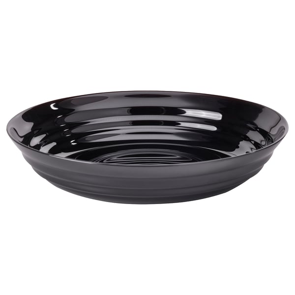 Black glossy glass bowl with circular ripple design, shallow shape, platter-like.