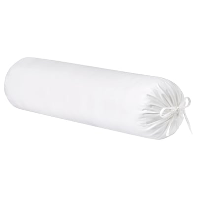 White silk-like bolster pillow, cylindrical shape, tied ends, luxurious decor.