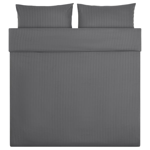NATTJASMIN grey bed set, striped sateen, cotton/lyocell, rectangular, buttoned.