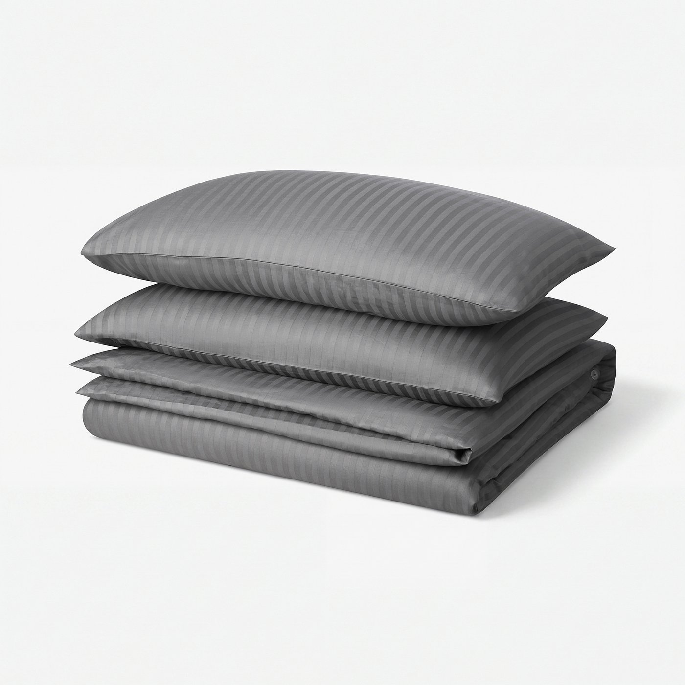 Grey NATTJASMIN bedding set with striped sateen, cotton & lyocell, includes two pillows and a folded duvet.
