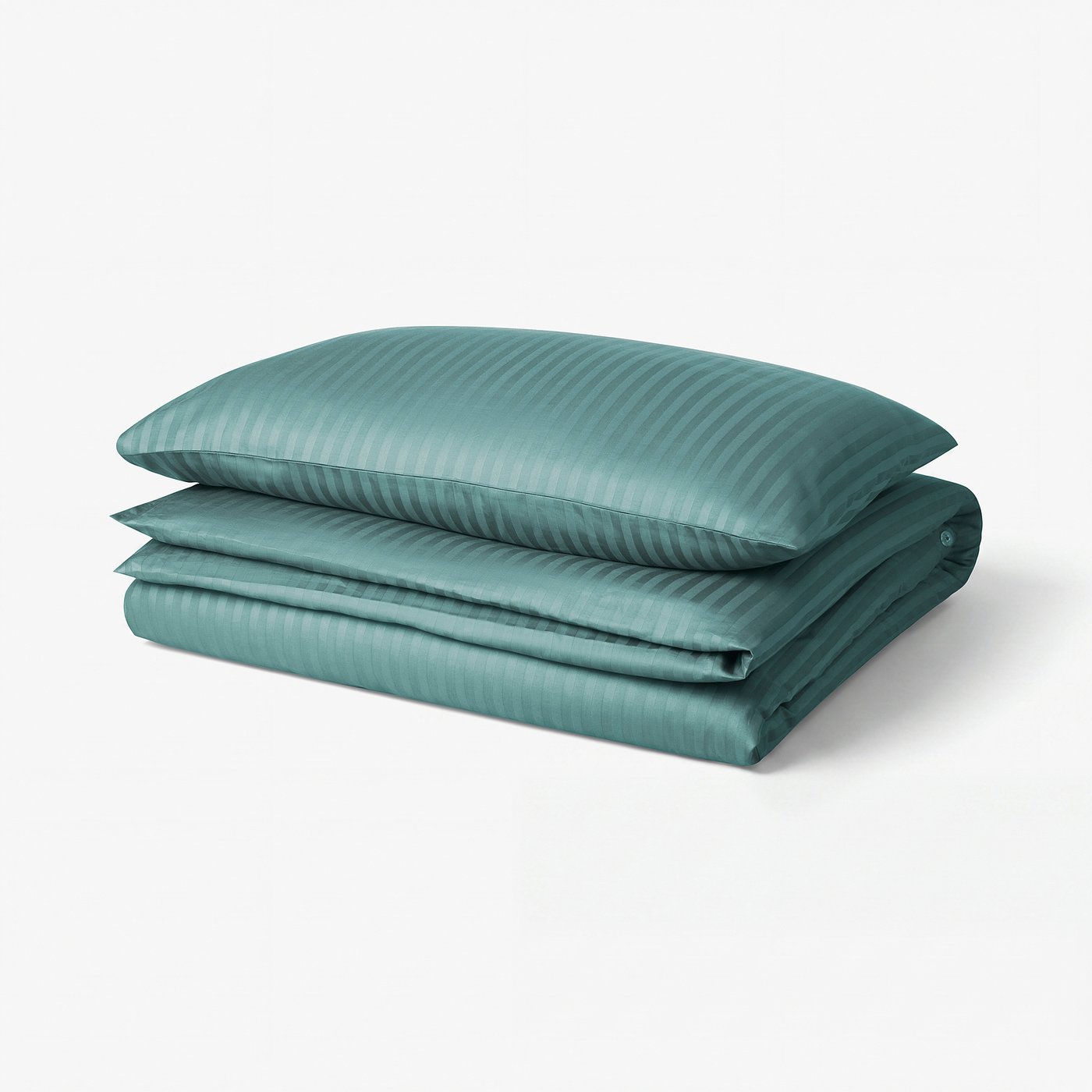 Folded green duvet set with striped pattern, smooth texture, button closure.