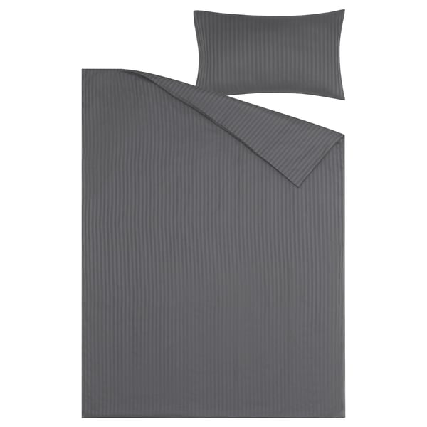NATTJASMIN bed set, dark grey, striped, 100% cotton & lyocell, flat with pillow.