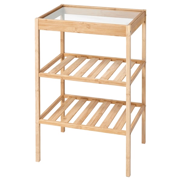 NESNA bamboo and glass side table, natural colour, rectangular shape, with three shelves and a transparent glass top.