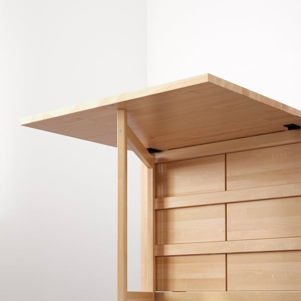 Wooden drop-leaf table extends for extra space, retracts to save room.