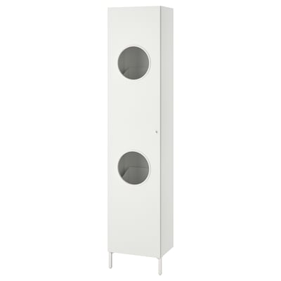 A white NYSJÖN cabinet with round cutouts on each door.