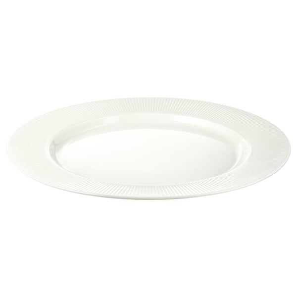 Flat white dinner plate, elegant ribbed edge design, simple and durable porcelain.