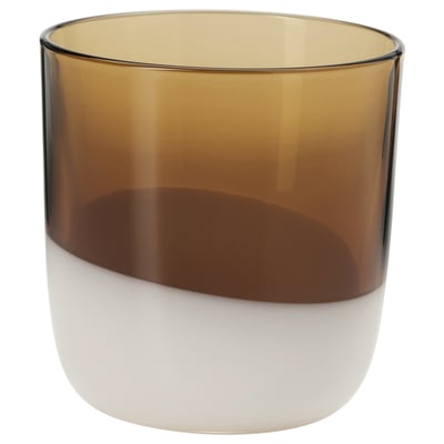 Brown and white glass cup, mouth-blown, round shape, modern design.