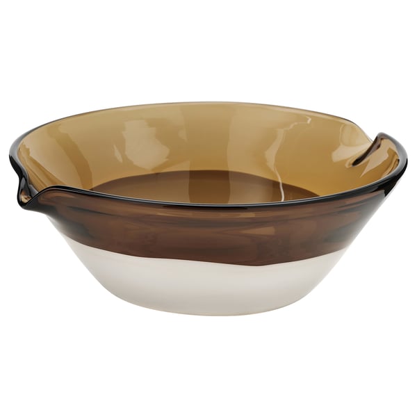 Handcrafted glass bowl with brown shades and white base, showcasing unique patterns, inspired by swedish folk art.
