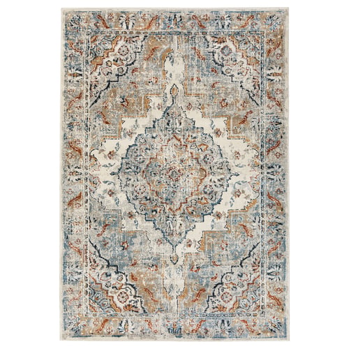 ONSEVIG: light blue, rectangular rug with beige/brown floral pattern, vintage style.
