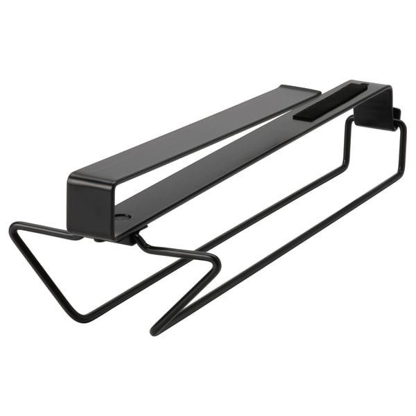 Black metal wine glass rack, part of the PÅLYCKE series, designed to attach under shelves, holding wine glasses securely.