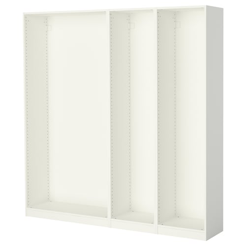 IKEA PAX wardrobe: white, modular, with multiple compartments for storage, featuring adjustable feet for floor levelling.