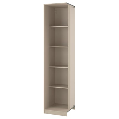 An ikea PAX corner cabinet in light beige. It three open shelves and is designed to fit into corners for efficient space use.