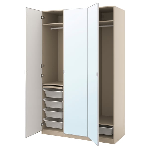 An open white PAX wardrobe with multiple compartments, including shelves and mesh baskets.