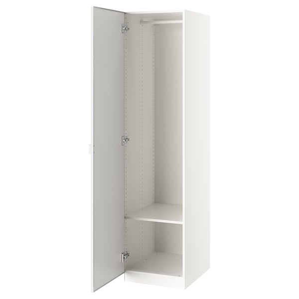 White PAX wardrobe, tall, rectangular, mirrored, with adjustable feet, hinged door, interior shelf.