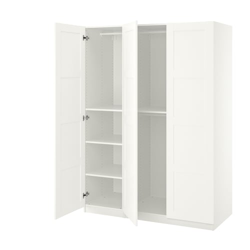 White PAX wardrobe with open doors, showing shelves and hinges.