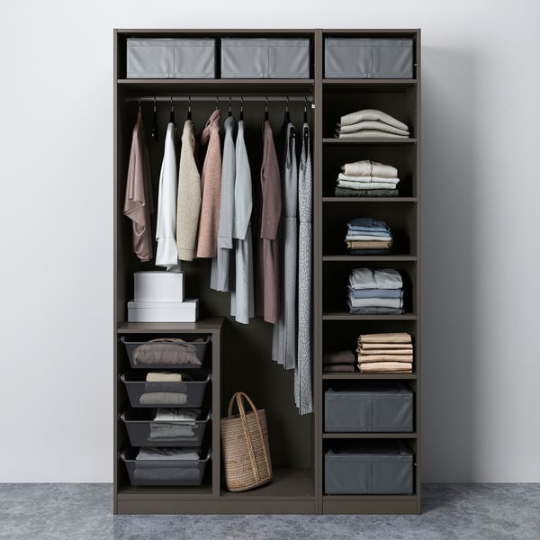 Modern closet organising clothes and accessories with shelves and hanging space.