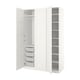 White PAX wardrobe open, showing storage: shelves, hanging rail, mesh baskets, clean design.
