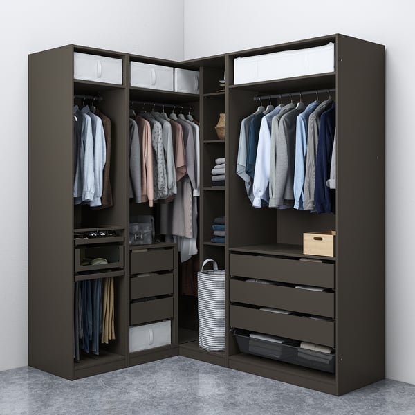 Dark corner wardrobe with clothing, accessories, and shelves. Includes hanging rods, drawers, and a mesh basket for organisation.