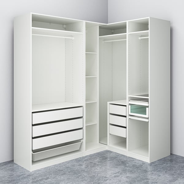 White corner wardrobe with drawers, mesh basket, shelves, and hanging space.