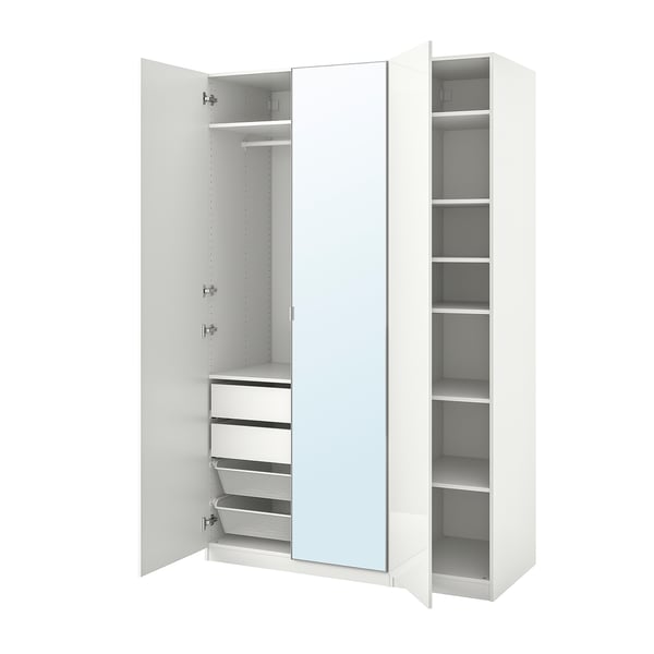 A white PAX wardrobe with open doors, featuring drawers, shelves, and a mesh basket.