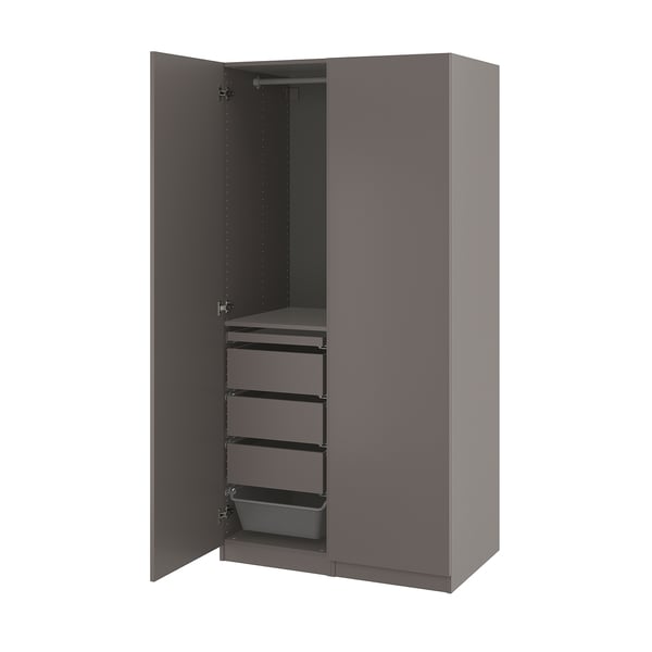 PAX wardrobe in grey with drawers and shelves open, showing interior storage solutions.