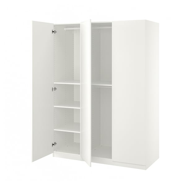 A white ikea PAX wardrobe with open doors revealing multiple shelves inside.