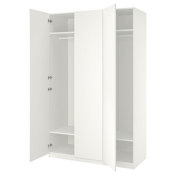 A white ikea PAX wardrobe with open doors, revealing an empty interior with adjustable shelves and a hanging rail.